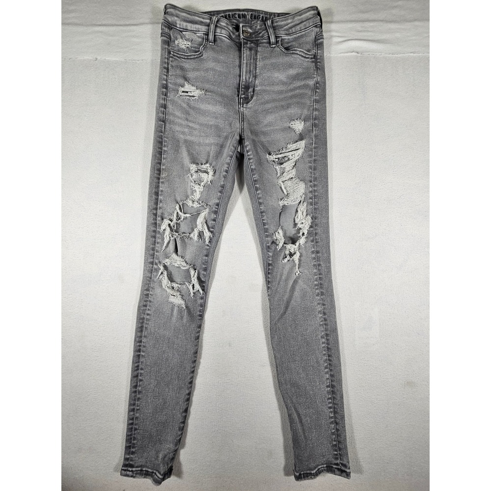 American Eagle Super Hi-Rise Jegging Gray Distressed Next Level Stretch Size 6